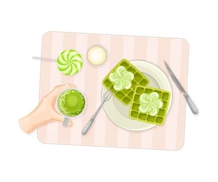 Human Hands and Sweet Waffle as Green Matcha Dessert on Place Mat Vector Illustrazione stock