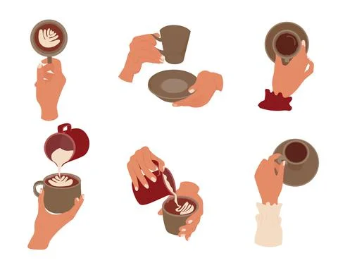 Human hands are holding cup of coffee. Set top side view. Barista makes Stock Illustration