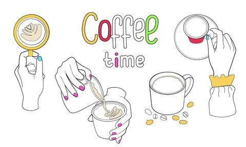 Human hands are holding cup of coffee. Barista makes cappuccino. Doodle outline Stock Illustration