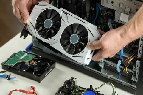 Human hands are inserting a video card into a computer. Stock Photos