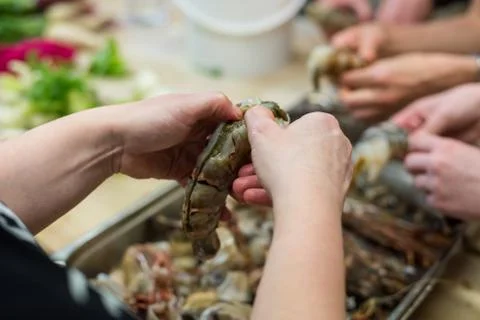 Human hands breaking up shell of Norway lobster in kitchen during cookery cla Stock Photos