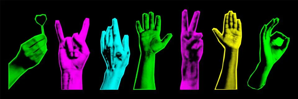 Human hands collage. Design elements in trendy dotted pop art style. Retro .. Illustrazione stock