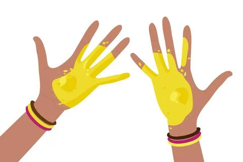 Human hands covered with yellow paint wearing bright multicolored bracelets Illustrazione stock