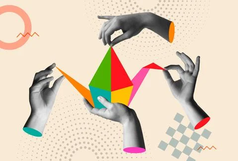 Human hands creating origami bird in retro collage vector illustration Stock Illustration