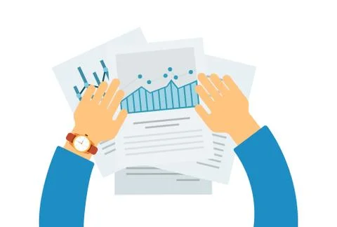 Human hands with data graphs vector icon flat isolated Stock Illustration