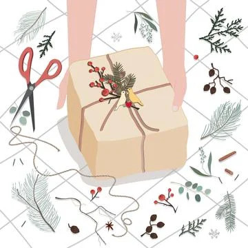 Human hands decorating gift box or parcel wrapped into brown mail paper with fir Stock Illustration