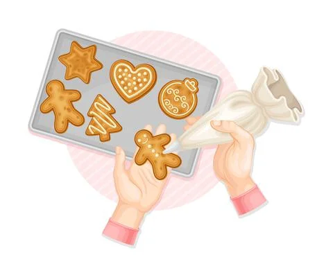Human Hands Decorating Gingerbread Cookie with Sugar Glaze Above View Vector Stock Illustration