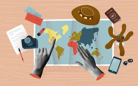 Human hands on desk with world map for travel plan collage vector illustratio Stock Illustration