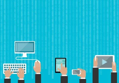 Human Hands with Devices on Light Blue with Binary イラスト素材