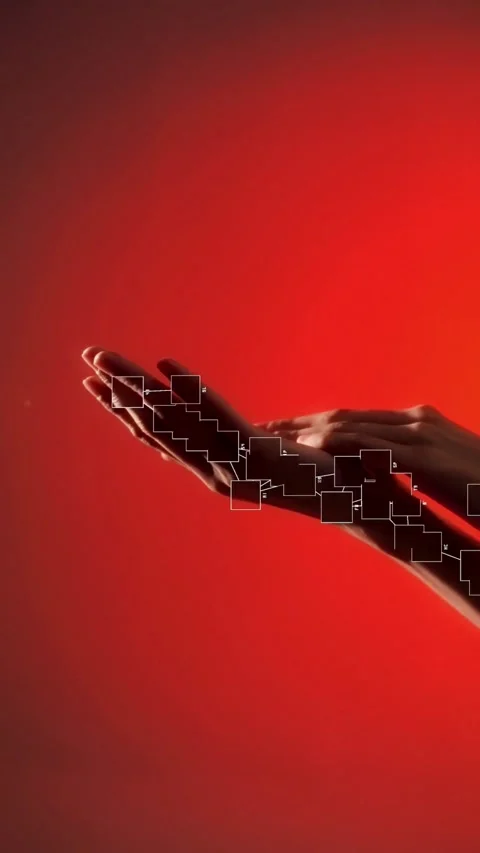 Human hands with digital circuit board overlays on red Video stock 331774365