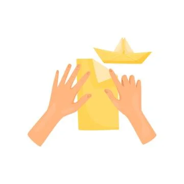 Human hands doing origami of colored paper, top view. Paper boat. Handmade craft Ilustração Stock