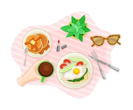 Human Hands Drinking Coffee and Eating Sandwich with Scrambled Egg Served on Stock Illustration