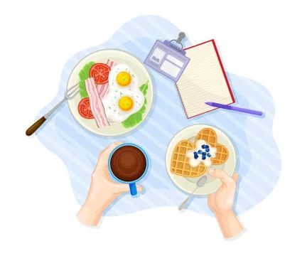 Human Hands Eating Scrambled Egg and Waffles Served on Plate Rested on Table Stock Illustration