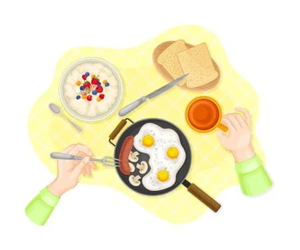 Human Hands Eating Scrambled Egg and Drinking Tea Rested on Table Cloth Vector Stock Illustration