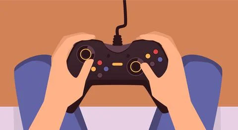 Human hands with game controller, joystick, console device a vector illustration Illustrazione stock