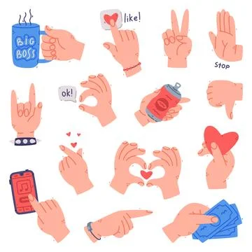 Human Hands Gestures and Different Actions Vector Set Illustrazione stock