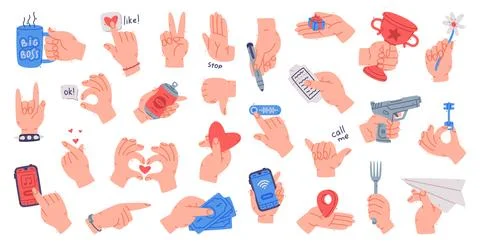 Human Hands Gestures and Different Actions Vector Set Stock Illustration