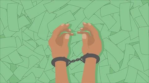 Human hands in handcuffs over heaps of money cash bribe corruption Stock Illustration