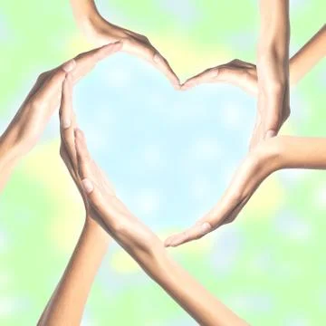 Human hands in heart shape over bright background Stock Photos