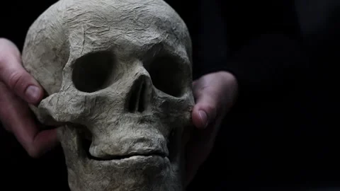 Human hands hold an artificial textured skull in the dark Stock-Footage 347018780