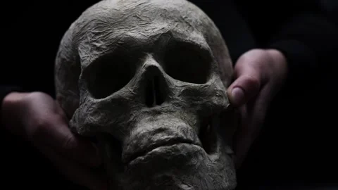 Human hands hold an artificial textured skull in the dark Stock-Footage 347018788