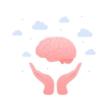 Human hands hold brain isolated on sky white background. Stock Illustration