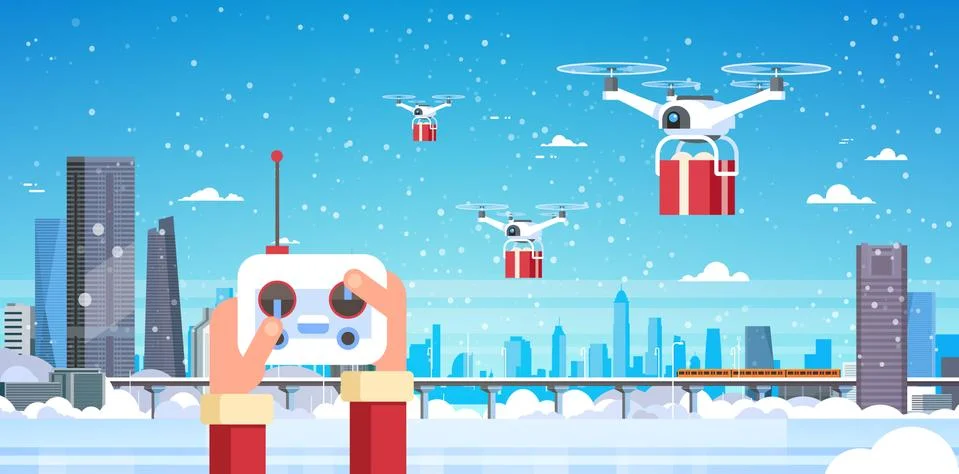 Human hands hold controller drone delivery service over modern winter city Stock Illustration