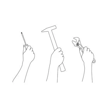 Human hands hold repair tools. One line art. Stock Illustration