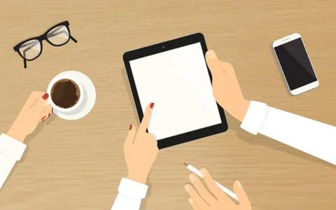 Human hands hold a tablet pc with empty display Illustrazione stock