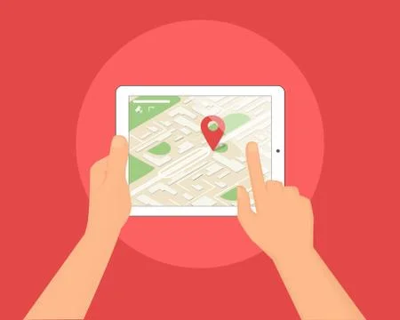 Human hands hold tablet pc with map and location pin Illustrazione stock