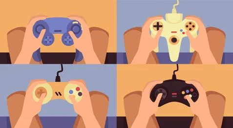 Human hands hold the video game consoles a vector illustrations Stock Illustration