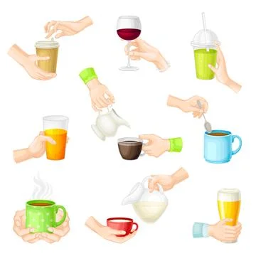 Human Hands Holding Beverage in Glass and Pouring Drinks in Cups Vector Set Stock Illustration