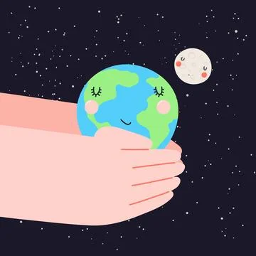 Human hands holding cute planet Earth on space background, moon illustration. Stock Illustration
