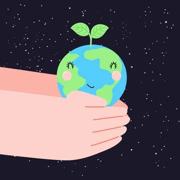 Human hands holding cute planet Earth with sprout on space background Stock Illustration