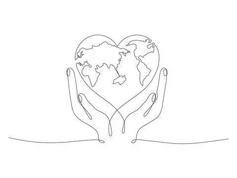 Human hands holding Earth globe continuous line art drawing. Stock Illustration