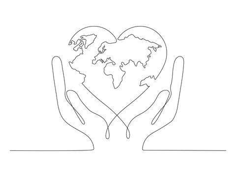 Human hands holding Earth globe continuous line art drawing. Stock Illustration