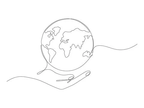 Human hands holding Earth globe continuous line art drawing. Stock Illustration