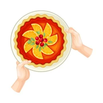 Human Hands Holding Festive Fruit Pie with Orange Slices on Plate Above View Ilustração Stock