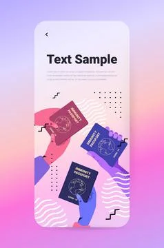 Human hands holding global immunity passports risk free covid-19 re-infection Illustrazione stock