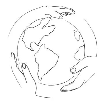 Human hands holding the globe. Line art Illustration