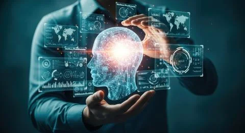 Human hands holding glowing light bulb with digital data overlay represents.. Stock Illustration