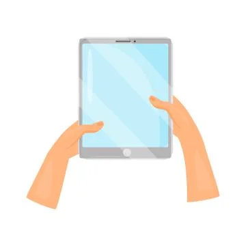Human hands holding gray tablet computer. Modern gadget. Device with blue screen Stock Illustration