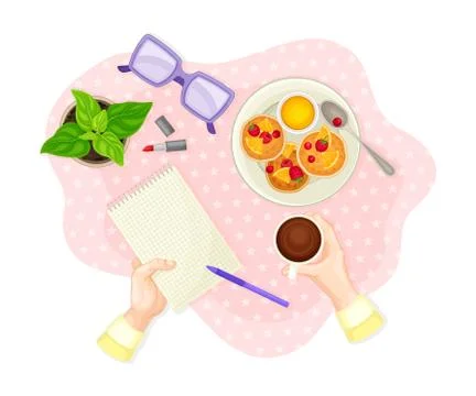 Human Hands Holding Notepad and Drinking Coffee with Pancake Served on Plate Stock Illustration