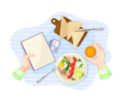 Human Hands Holding Notepad and Eating Sandwich Served on Plate Rested on Table Stock Illustration