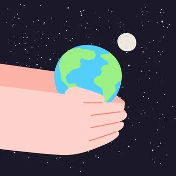Human hands holding planet Earth on space background, and moon illustration Stock Illustration