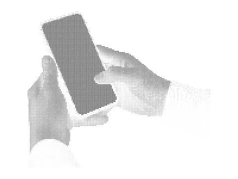 Human hands holding smartphone device in halftone dot style illustration fo.. Stock Illustration