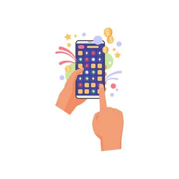 Human hands holding smartphone to touch icons with finger and play game Ilustración de archivo