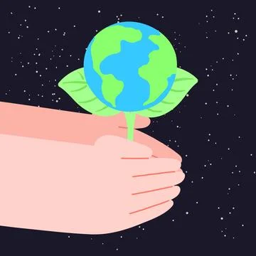 Human hands holding sprout with planet Earth on space background illustration. Stock Illustration