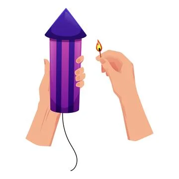 Human hands holding striped rocket firecracker and lit match, launching Stock Illustration