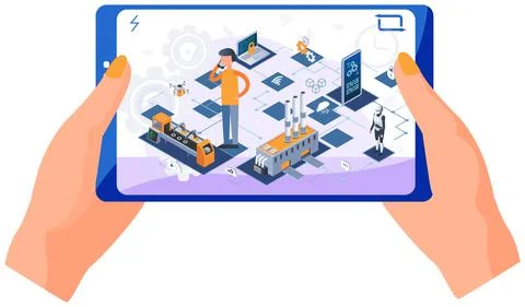 Human hands holding tablet with industry automation production line, modern one Stock Illustration